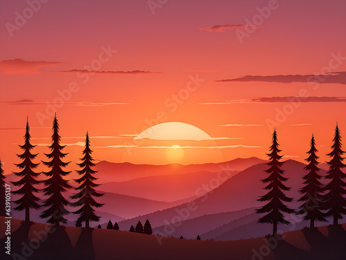 Sunset and silhouettes of trees in the mountains background, ai generated