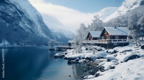 Wooden houses on the banks of the Norwegian fjord, beautiful mountain landscape in winter