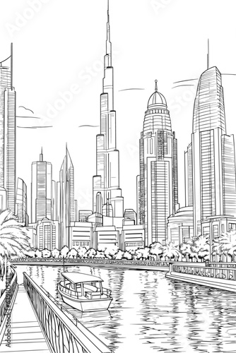 UAE Dubai cityscape black and white coloring page for adults. Arab Emirates buildings, street, skyline, landmarks vector outline doodle sketch for anti stress color book. AI generative