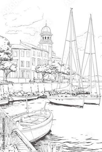 France Saint Tropez cityscape black and white coloring page for adults. French Riviera buildings, street, waterfront, landmarks vector outline doodle sketch for anti stress color book