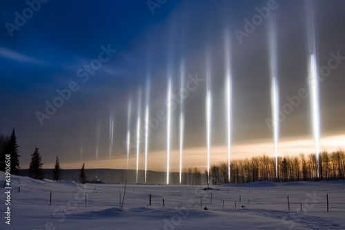 Vertical light beams called light pillars in Canada. Generative AI