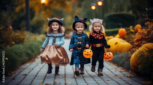 Young siblings dressed in Halloween costumes during Trick-or-Treat