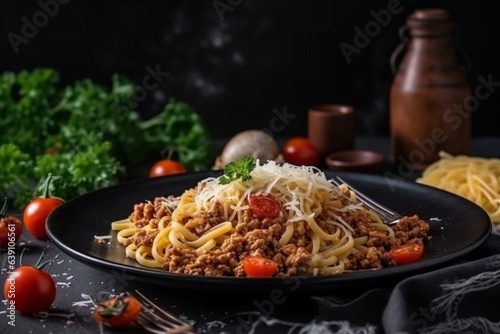 Italian pasta with minced meat and tomatoes on a dark plate against a stone background. Generative AI