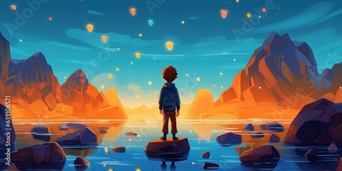 Boy standing and looking at the magic rocks floating in the sky, vector illustration