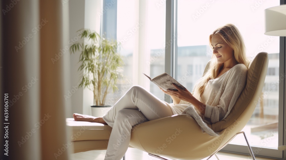 Young woman at home sitting on modern chair in front of window relaxing in her living room reading book, instagram toning Young woman at home sitting on modern chair in front of window relaxing in her living room reading book, instagram toning
