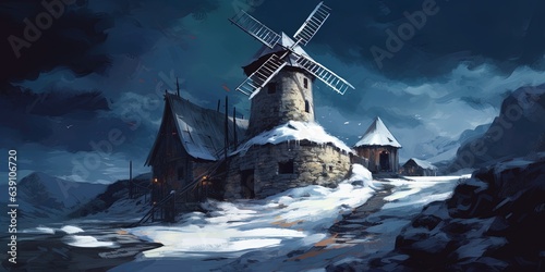 Digital art of night scenery with the windmill on the mountain in winter, illustration painting