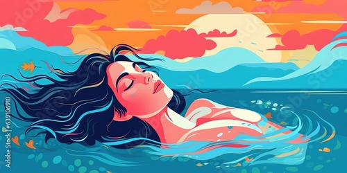 Happy calm woman floating, lying on water surface. Young girl in bikini swimming on back in sea, blue aqua. Serene female character relaxing in harmony on summer holiday. Bright color vector