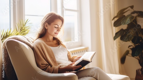 Young woman at home sitting on modern chair in front of window relaxing in her living room reading book, instagram toning