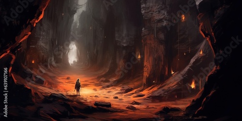 Man with a lantern explores the ancient cave of darkness, digital art style, illustration painting