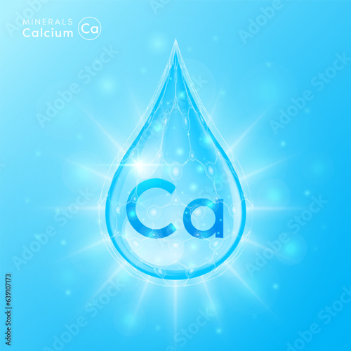 Essential calcium minerals for health human body. Blue crystal mineral water drop natural shiny. For nutrition design ad dietary supplement pharmacy. Scientific medical concept. 3D Vector.