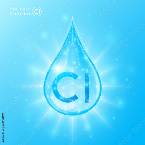 Essential chlorine minerals for health human body. Blue crystal mineral water drop natural shiny. For nutrition design ad dietary supplement pharmacy. Scientific medical concept. 3D Vector.