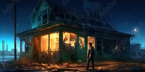 Night scene of a man looking at the old house with junk all around  digital art style  illustration painting