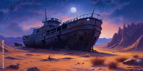 Night scene of abandoned ship on the desert with stary sky, illustration painting