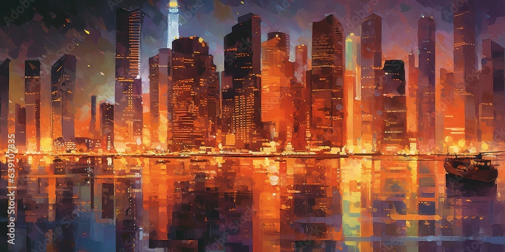 Painting of modern urban city at night, illustration