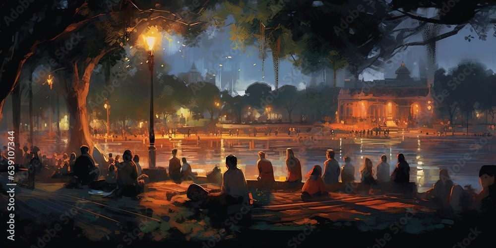 Painting of people in a city park at night, illustration Painting of people in a city park at night, illustration