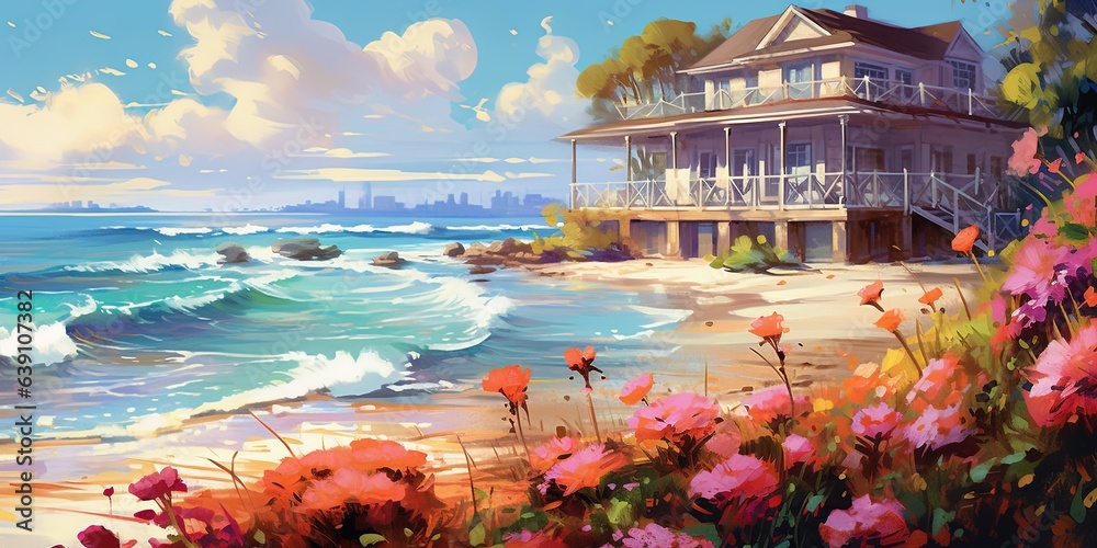Painting of seascape with beach house and colorful flowers at background