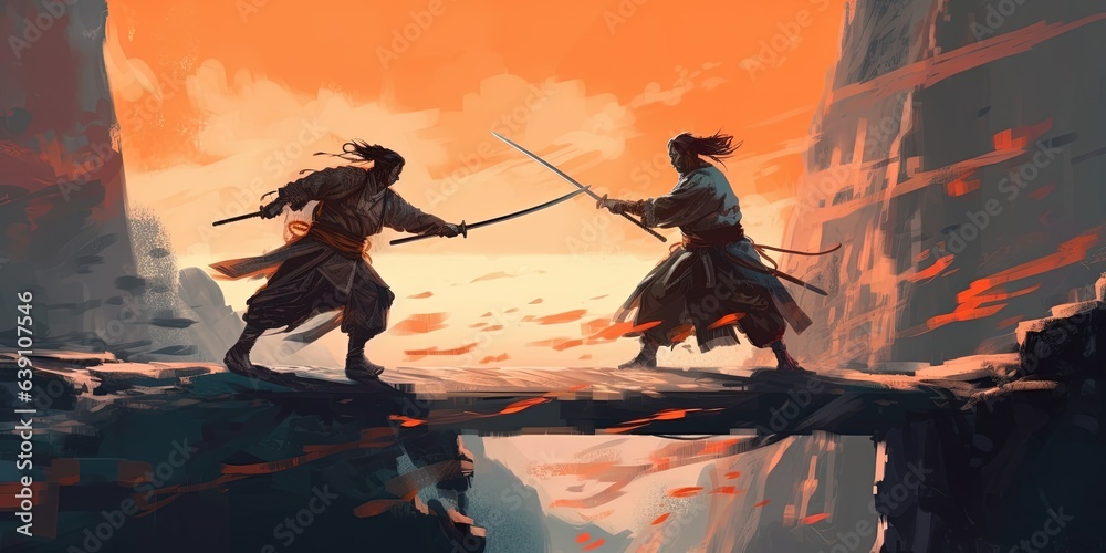 Scene of two samurais in duel on the cliff, digital art style, illustration painting - obrazy, fototapety, plakaty 