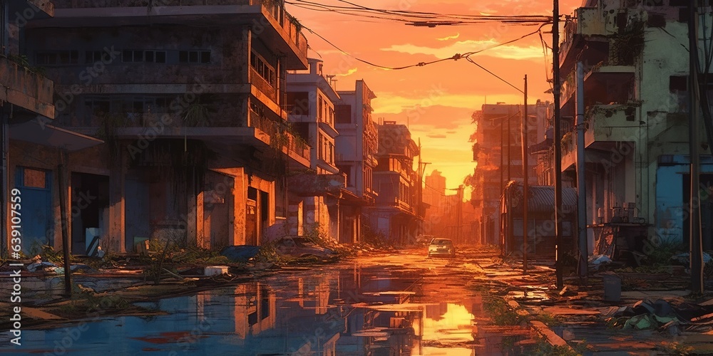 Scenery of dirty street in abandoned city at sunset with digital art style, illustration painting