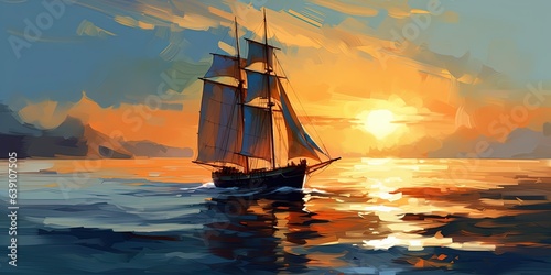 Sailboat in the sea with the evening sunlight, digital art style, illustration painting