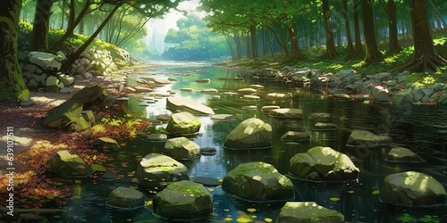 River lines with stones in beautiful forest  nature  illustration painting