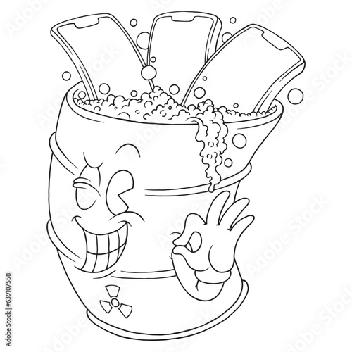 coloring illustration of cartoon toxic barrel mascot
