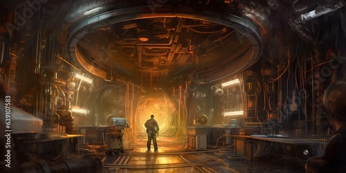 Sci - fi scene showing man restoring the spaceship  digital painting