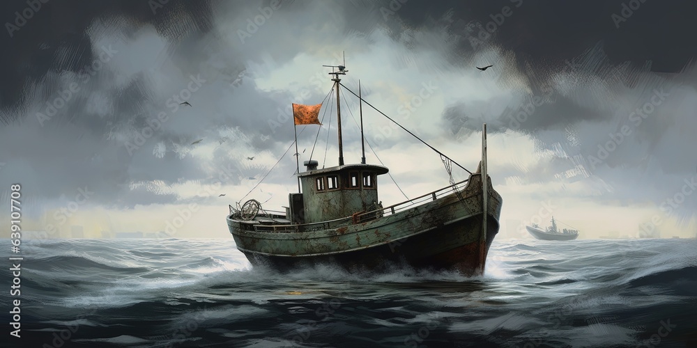 Obraz premium The boat on the sea with grey sky on background, illustration painting
