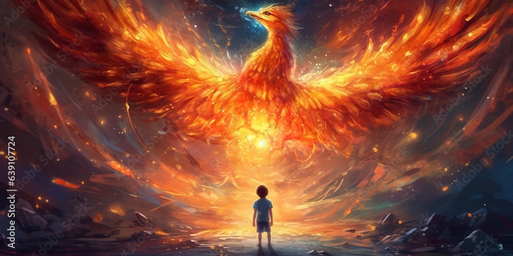 The child looking at the phoenix bird flying above him, digital art style, illustration painting - obrazy, fototapety, plakaty 