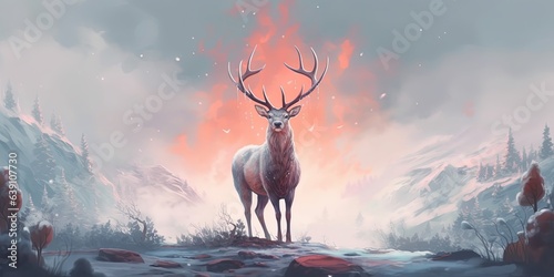 The deer with its fire horns standing on rocks in winter landscape, digital art style, illustration painting