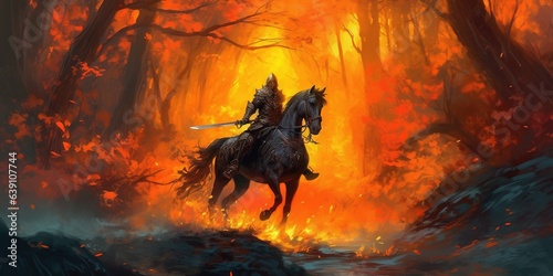 The knight with spear riding a horse through the fire forest, digital art style, illustration painting © Svitlana