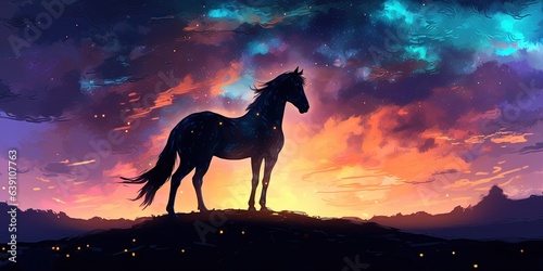 The magic horse standing alone against the colorful night sky, digital art style, illustration painting
