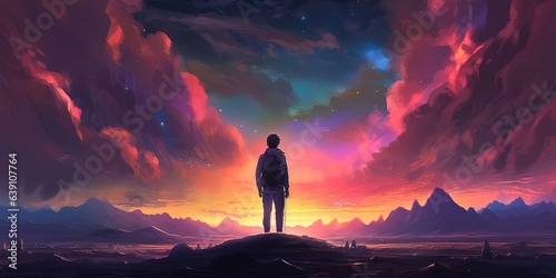 The man looking at a strange rainbow light rise in front of him. , digital art style, illustration painting