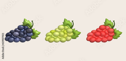 3D illustration Bunch of grapes and grape leaves. minimal style.
