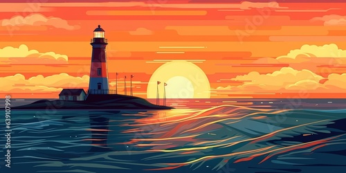 Vector landscape with lighthouse illustration. Sunset at sea. vector flat bright colors
