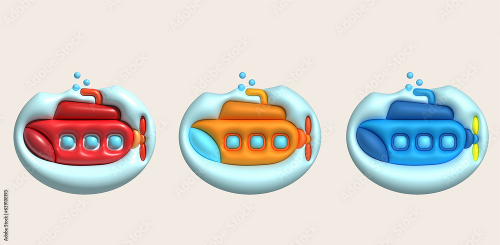 3D illustration  Submarine undersea with bubble.Kids toys minimal style.