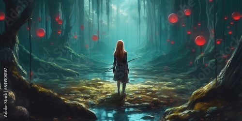 Woman with her sword looking at the mysterious floating stones in the forest, digital art style, illustration painting photo