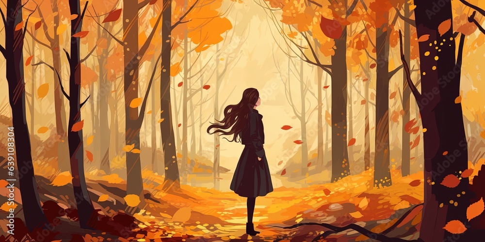 Young girl standing in the autumn forest, vector illustration