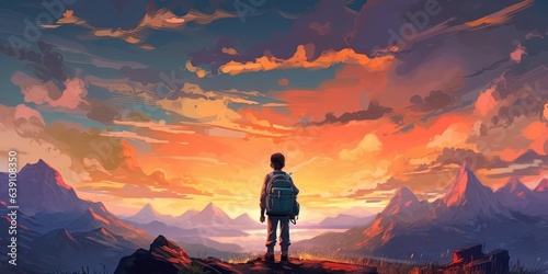 Young traveler with a camera standing against sunset over mountains, digital art style, illustration painting