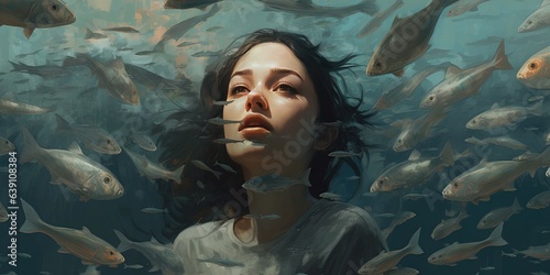 Young woman diving with a school of fish in the sea, digital art style, illustration painting
