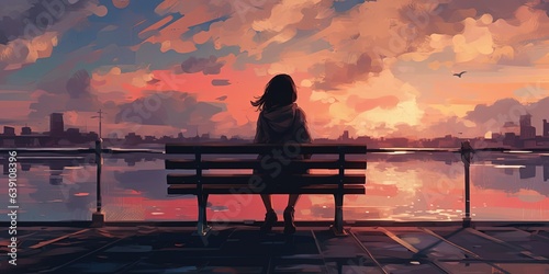 Young woman sitting on a bench against beautiful sky, digital art style, illustration painting