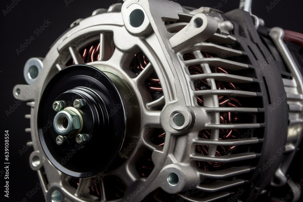 Detailed view of a recently manufactured vehicle alternator. Generative AI