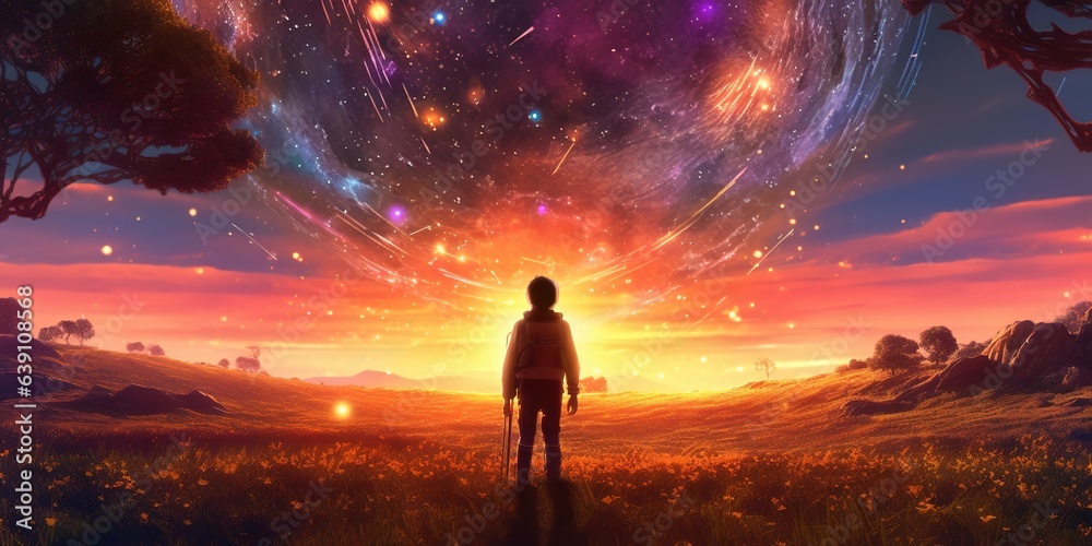A cool fantasy anime man standing in a big fairytale field and watching the sunset, generative ai technology