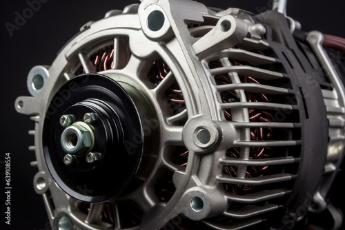 Detailed view of a recently manufactured vehicle alternator. Generative AI © Caleb