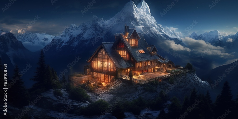 A house in the middle of a mountain at night