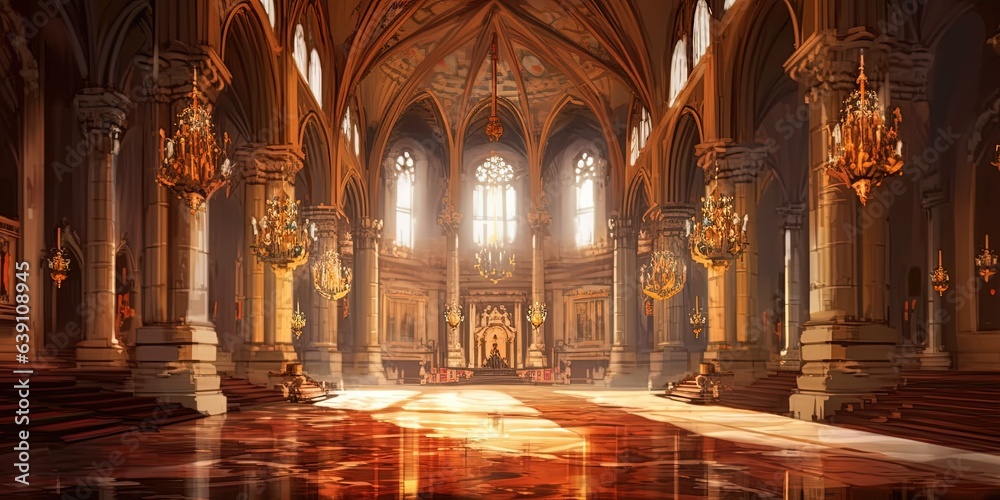 A realistic fantasy interior of the royal palace. golden palace. castle interior. Fiction Backdrop. concept art.