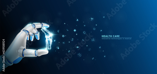 Innovative technology in science medical health care futuristic. Hand robot or cyborg artificial intelligence AI holding bone knee joint human organ and virtual interface medical icon network. Vector.