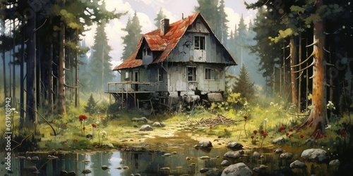 A painting of a house in the middle of a forest