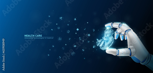 Innovative technology in science medical health care futuristic. Hand robot or cyborg artificial intelligence AI holding embryo and virtual interface medical icon network. 3D Vector.
