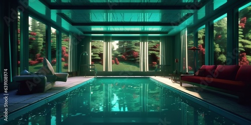A room with a pool in the middle of it