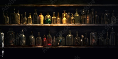 A shelf with bottles on it in a dark room